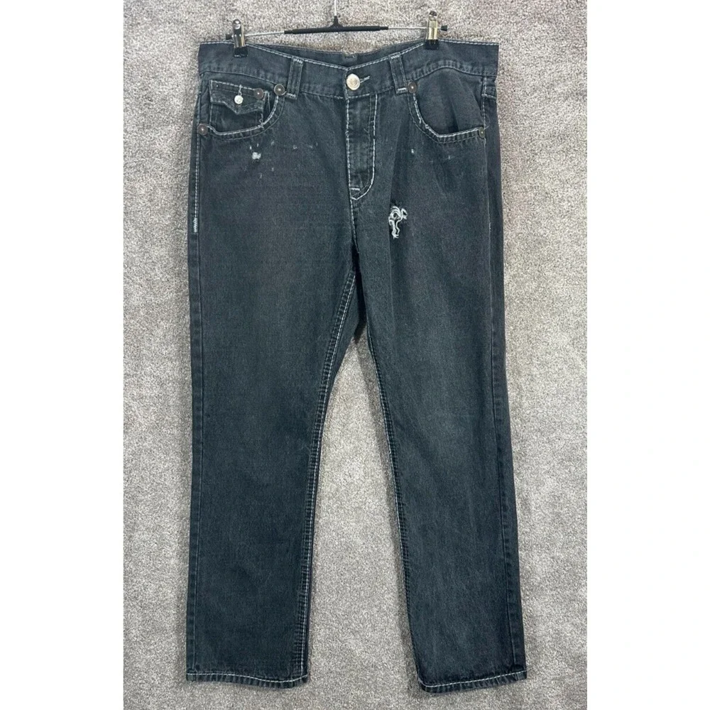 *True Religion Jeans Mens 38 Black Distressed Measures 38X33 Geno Straight‎ Y2K